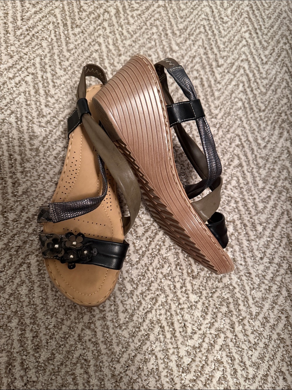 Ladies Black and Olive Wedge Sandals with Floral Accent